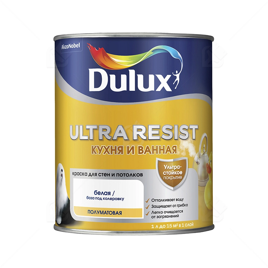 Краска для кухни и ванной латексная Dulux Ultra Resist полуматовая база BW 1 л.