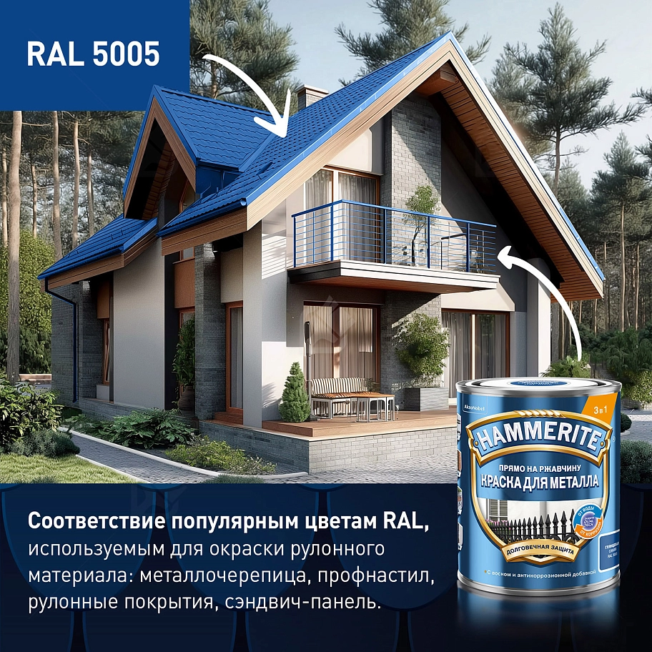 Краска для металлических поверхностей алкидная Hammerite гладкая синяя RAL 5005 0,75 л.