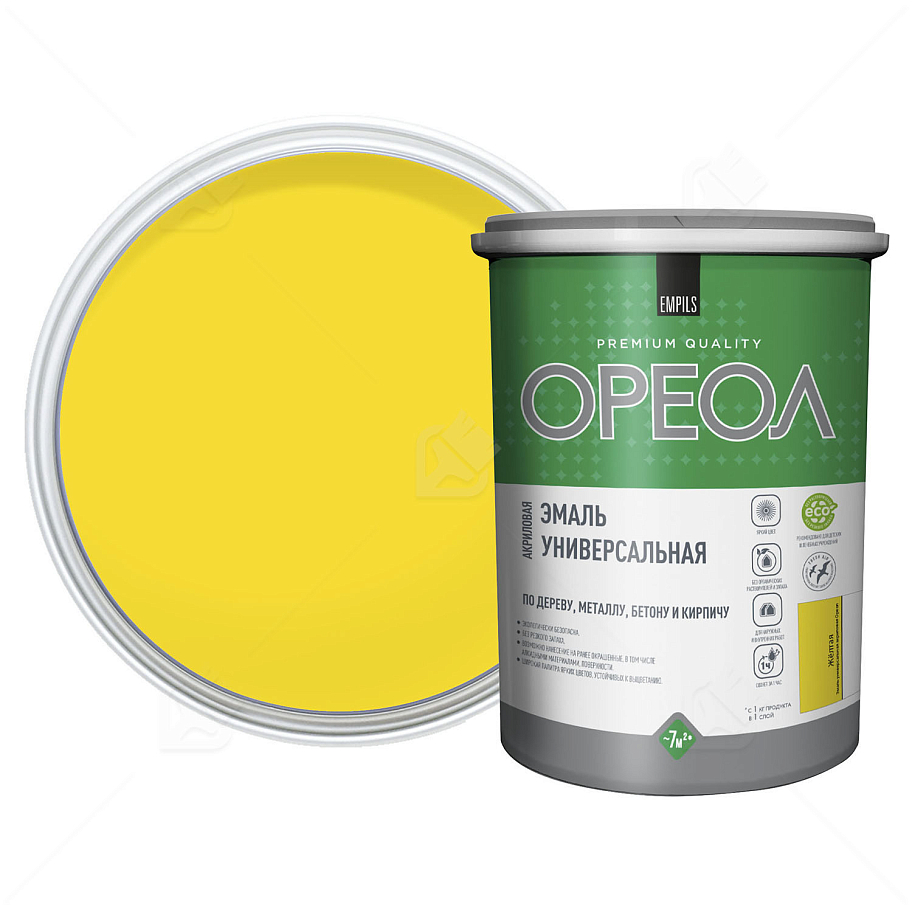 Эмаль универсальная акриловая Ореол глянцевая желтая 1 кг.