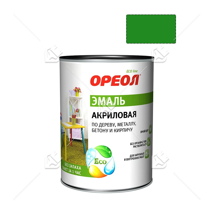 Эмаль универсальная акриловая Ореол глянцевая зеленая 0,9 кг.