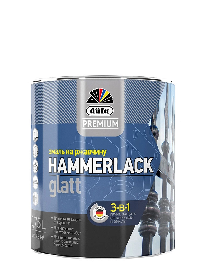 Эмаль на ржавчину Dufa Premium Hammerlack 3-в-1 гладкая База 1 (0,75 л)