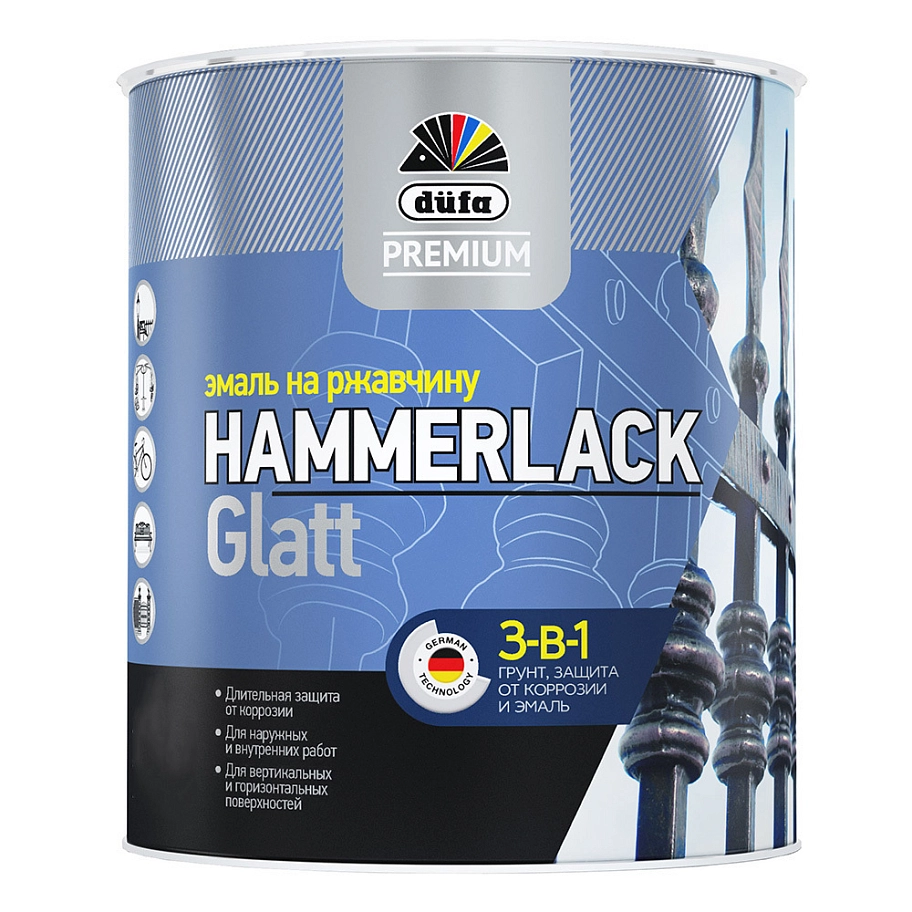 Эмаль на ржавчину Dufa Premium Hammerlack 3-в-1 гладкая RAL 9006 серебристая 0,75 л.