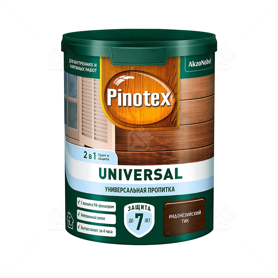 Pinotex Universal 2 в 1 универсальная пропитка для древесины Индонезийский тик 0,9 л